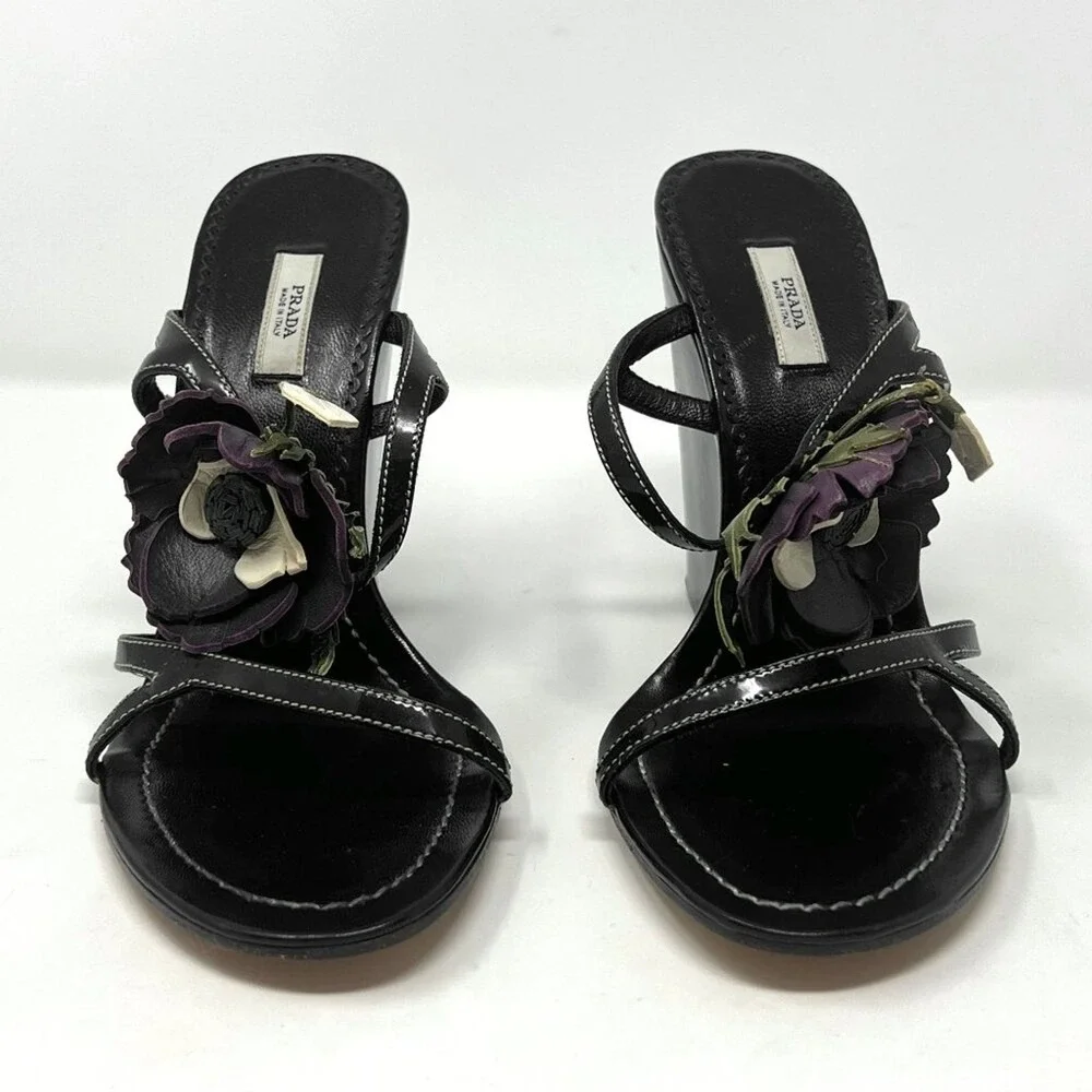 Prada Black Patent Leather Floral Wedge Sandals Strappy Heels Made‎ in Italy 37